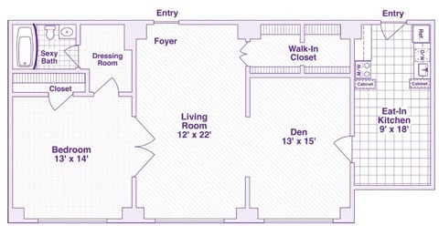 Floor plan for 1 bed, 1 bath, 750 sqft